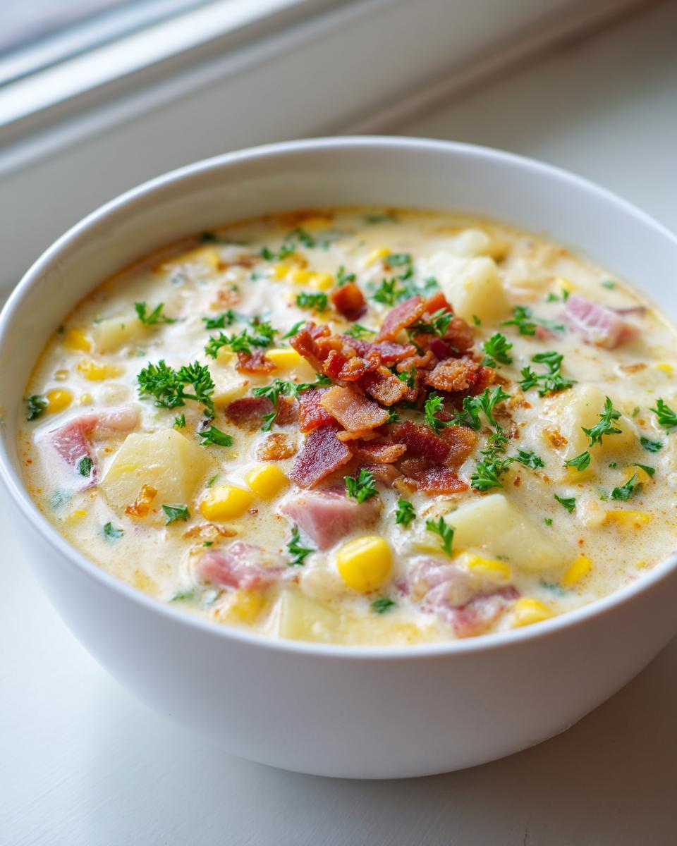 A close-up of a bowl of rich ham potato corn chowder, topped with crispy bacon bits and fresh parsley.