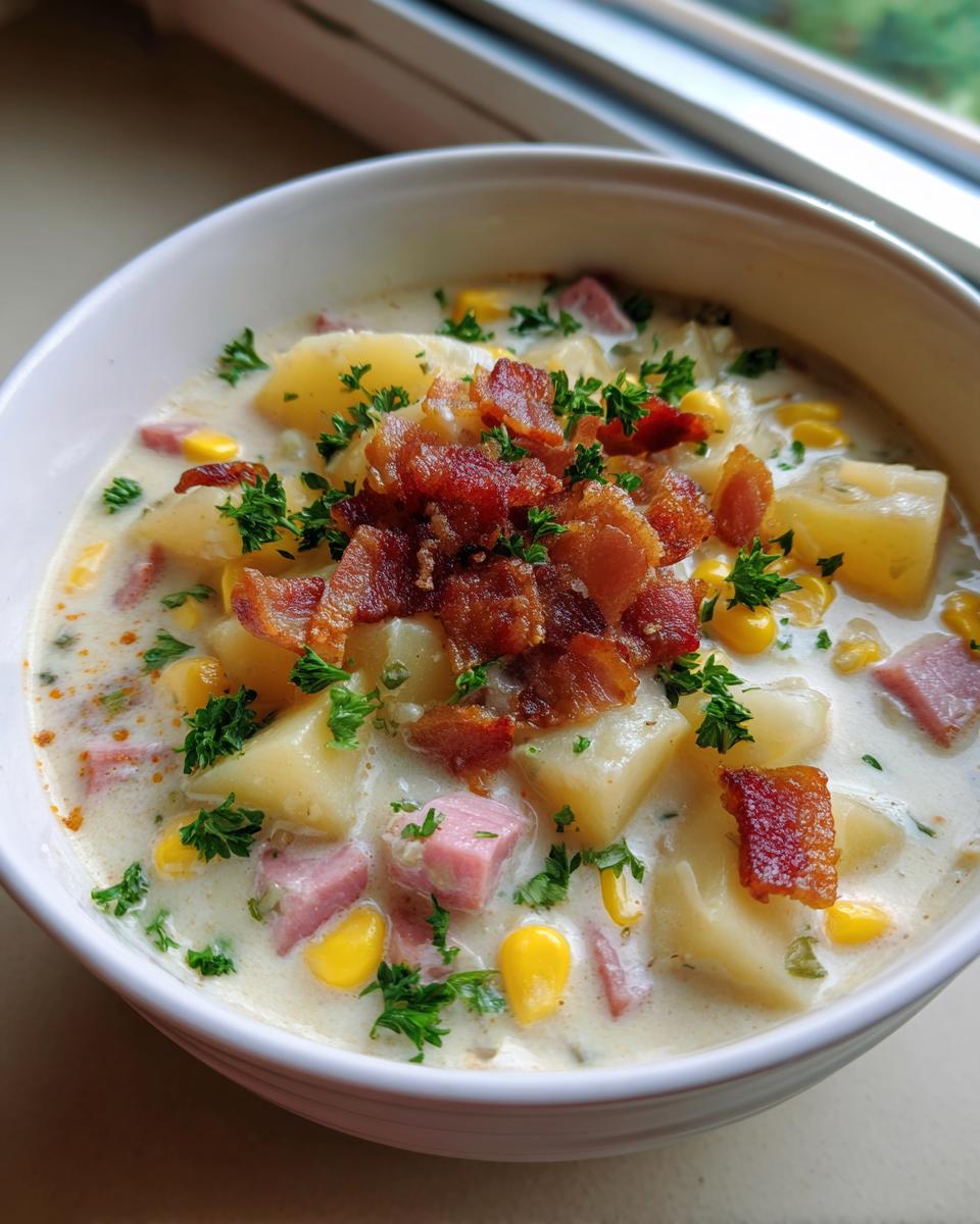 A close-up of a creamy bowl of ham potato corn chowder topped generously with crispy bacon bits and fresh parsley.