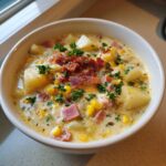 A close-up of a hearty bowl of ham potato corn chowder, topped with crumbled bacon and fresh parsley.