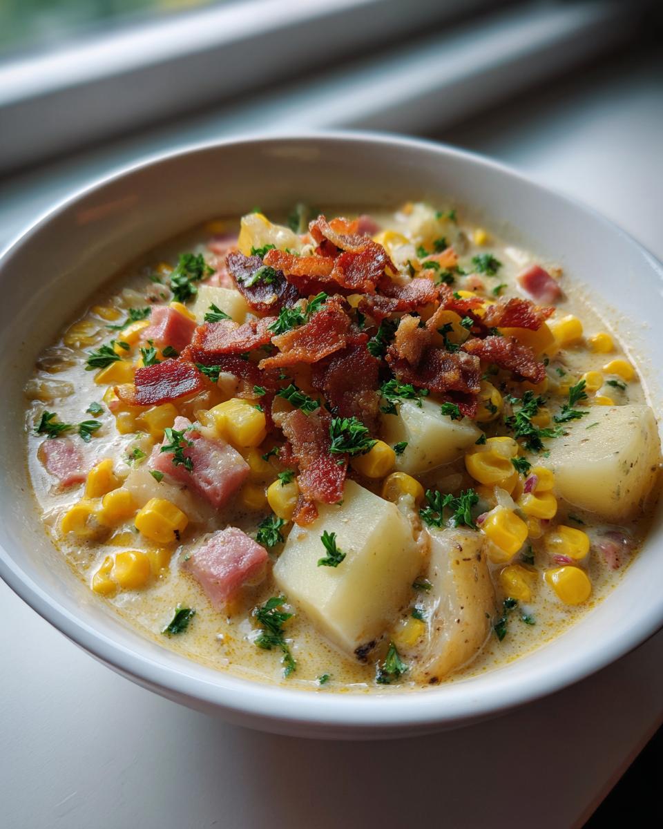 A close-up of a bowl of creamy ham potato corn chowder topped generously with crumbled bacon and fresh parsley.