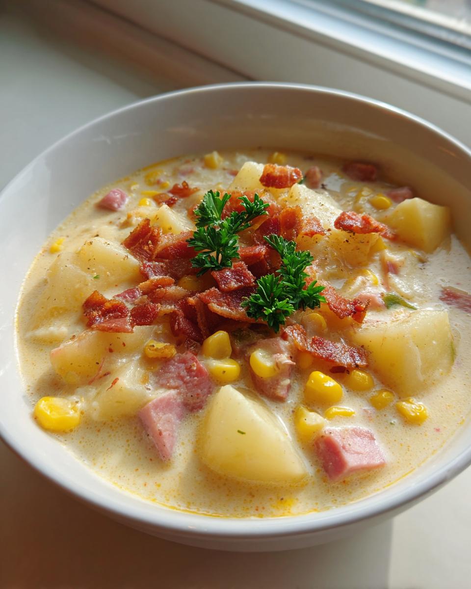 A close-up of a hearty bowl of ham potato corn chowder, topped with crispy bacon bits and fresh parsley.