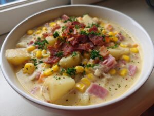 A close-up of a bowl of creamy ham potato corn chowder, garnished with crispy bacon pieces and fresh parsley.