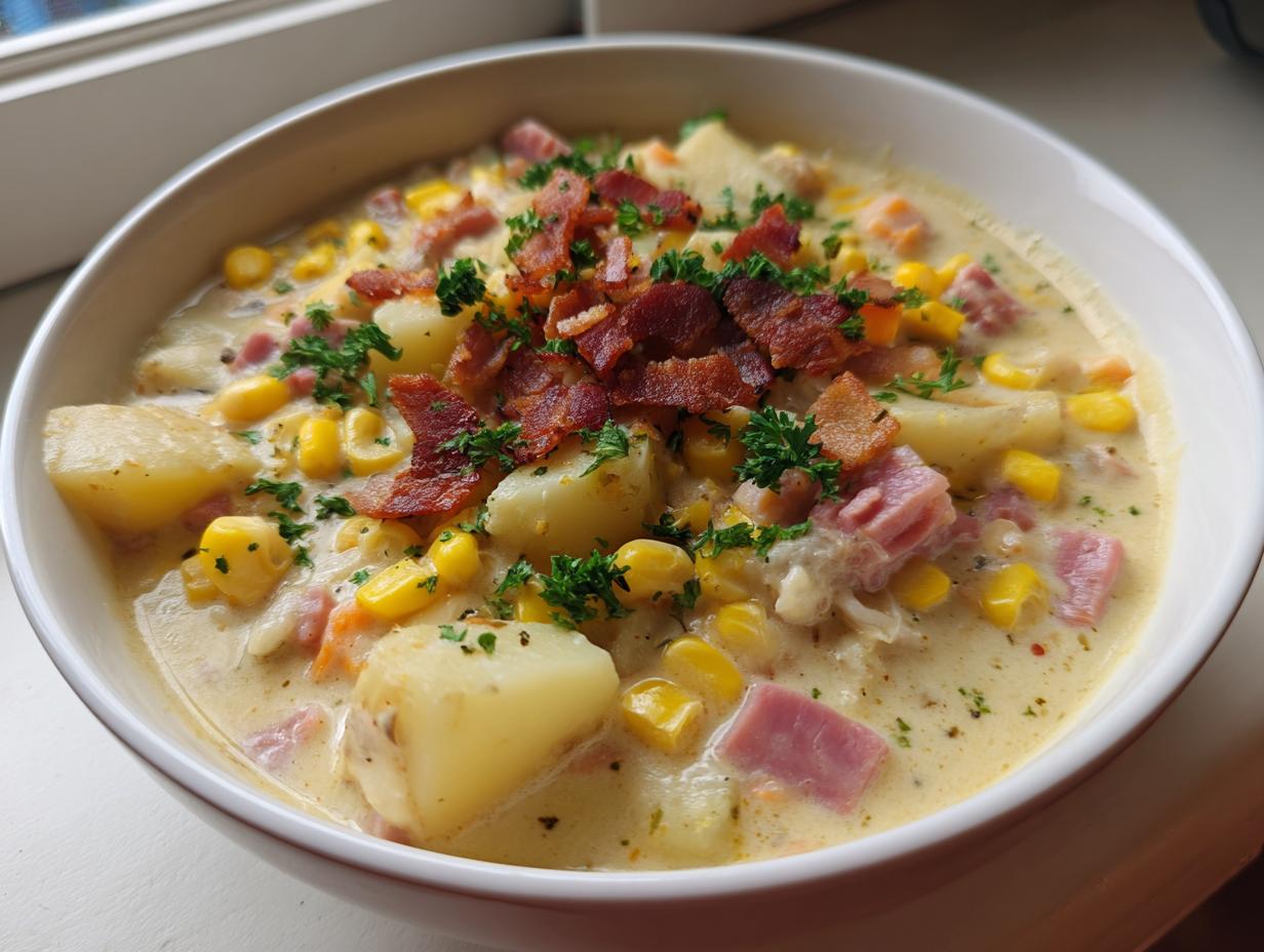 A close-up of a bowl of creamy ham potato corn chowder, garnished with crispy bacon pieces and fresh parsley.