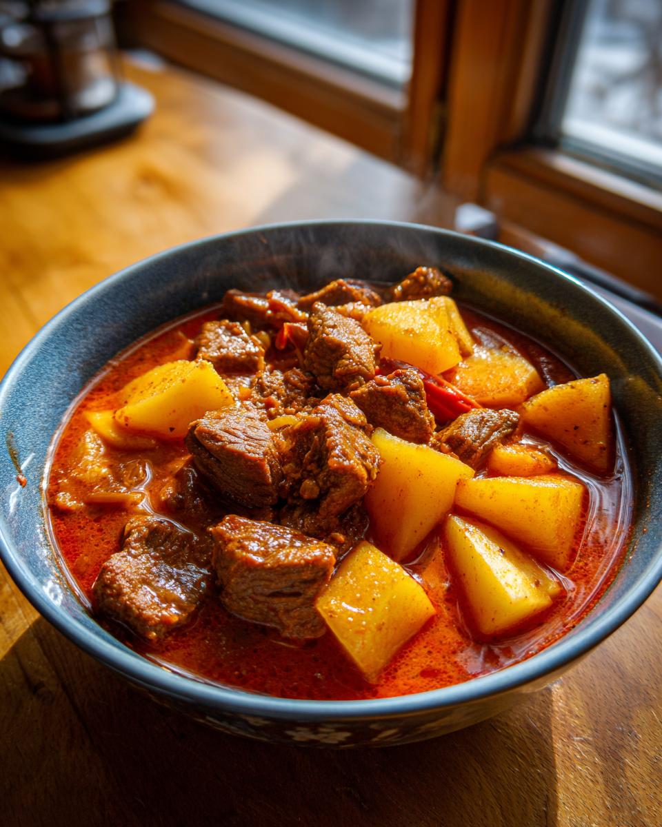 Close-up of a steaming bowl of rich, red goulash recipe featuring tender beef chunks and large pieces of yellow potato.