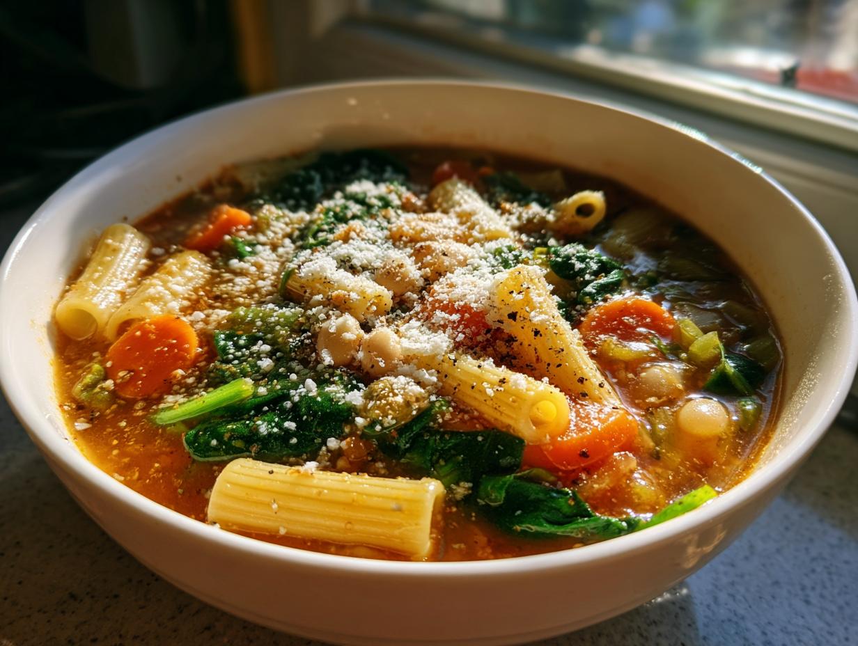Close-up of a white bowl filled with rich minestrone soup featuring pasta, carrots, spinach, beans, and topped with grated Parmesan cheese.
