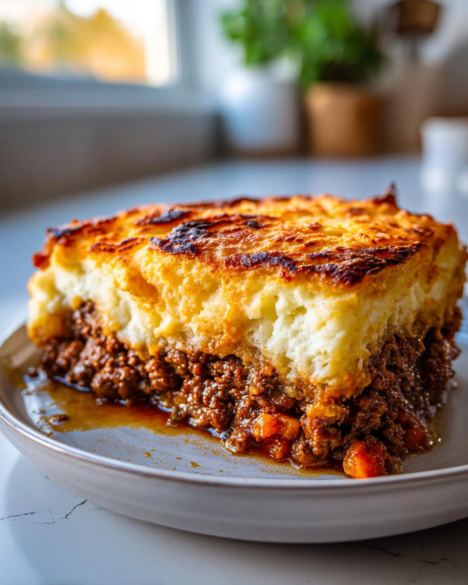 A thick, hearty slice of cottage pie showing rich meat filling and a golden-brown, crispy mashed potato topping.