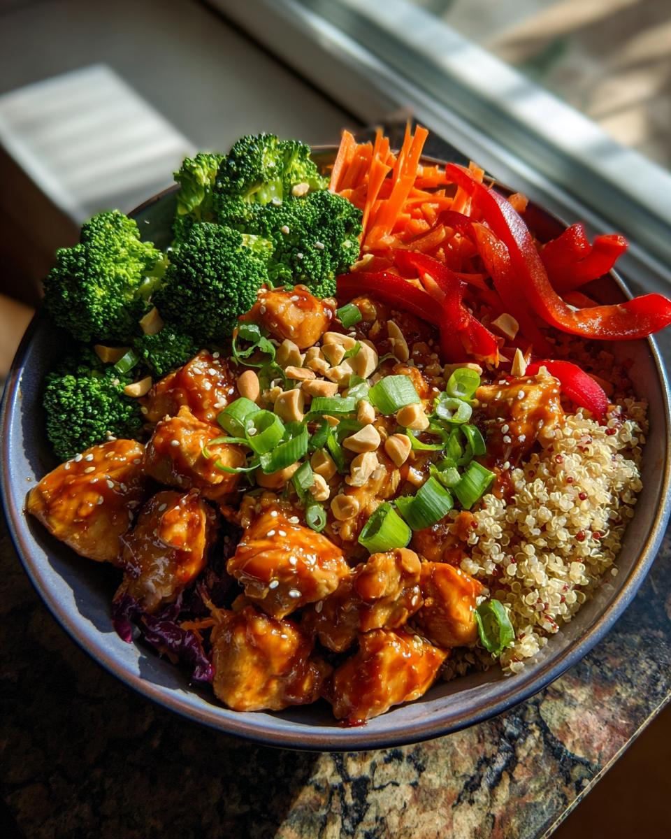 A vibrant high-protein peanut chicken meal prep bowl featuring glazed chicken, quinoa, broccoli, carrots, and peppers.