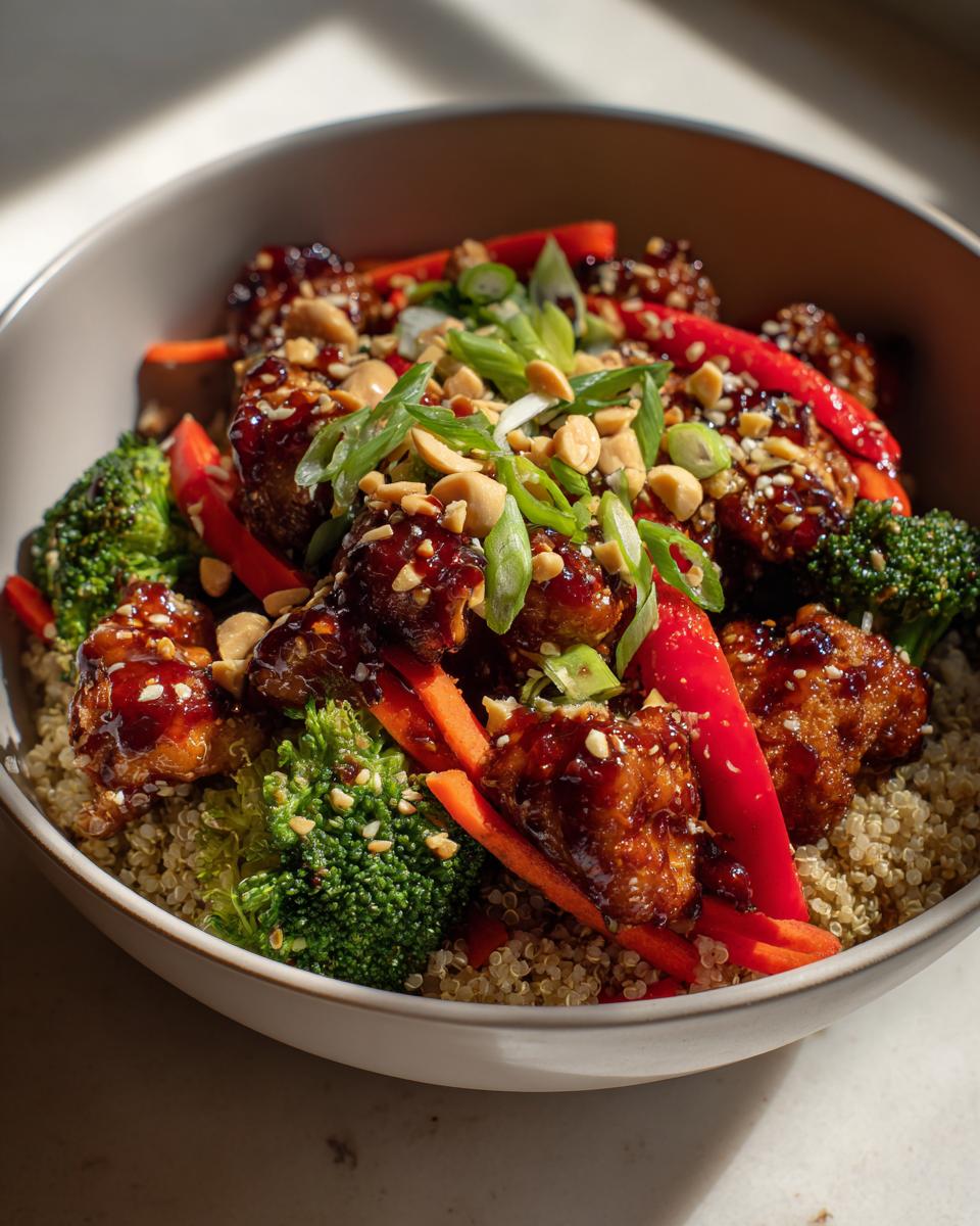 Close-up of a high-protein peanut chicken meal prep bowl with quinoa, broccoli, carrots, and peanut garnish.
