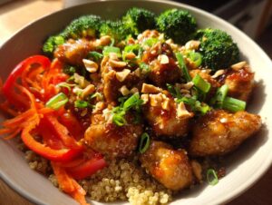 A close-up of a high-protein peanut chicken meal prep bowl featuring glazed chicken, quinoa, broccoli, and red peppers.