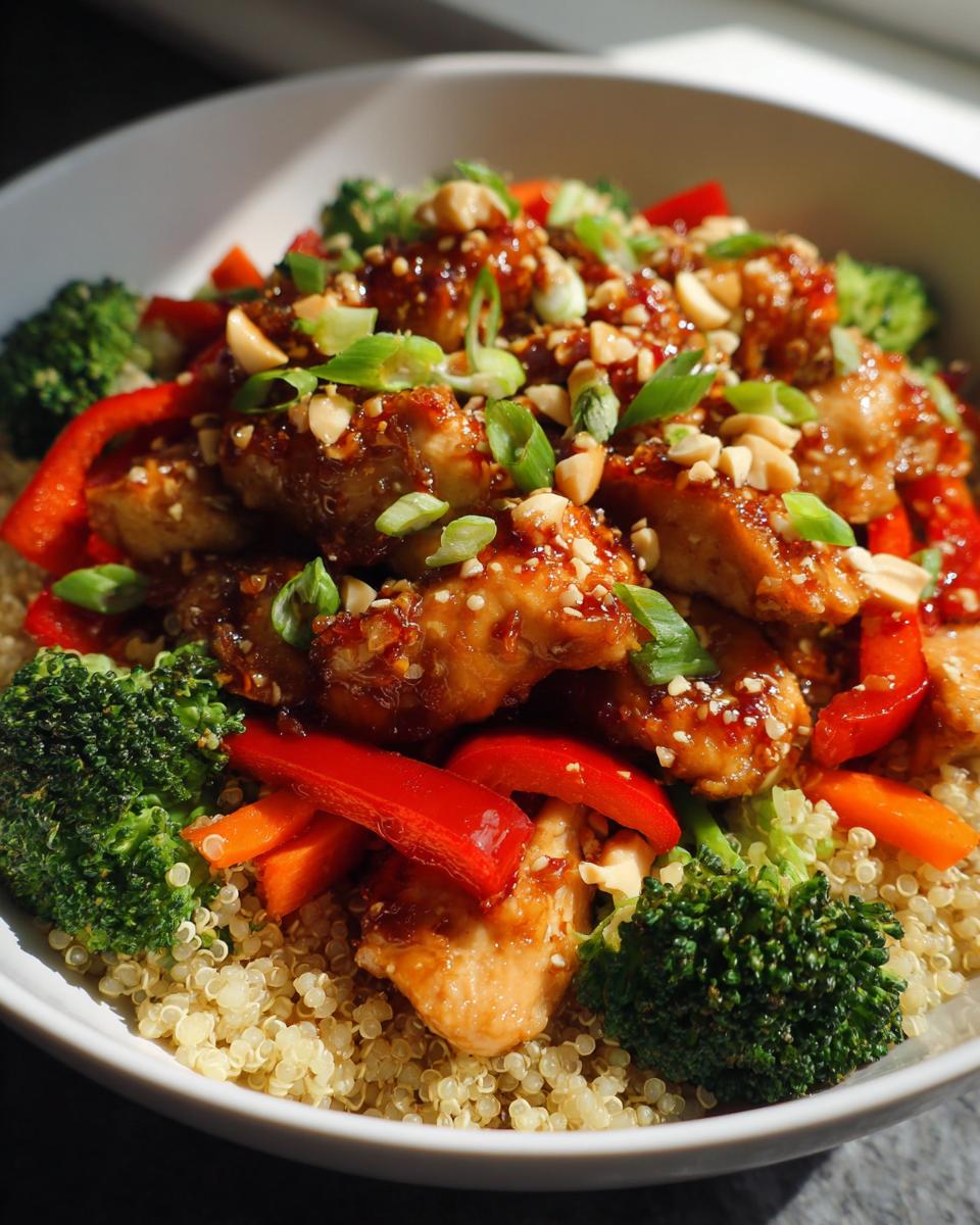 A close-up of a high-protein peanut chicken meal prep bowl featuring glazed chicken, quinoa, broccoli, and red peppers.