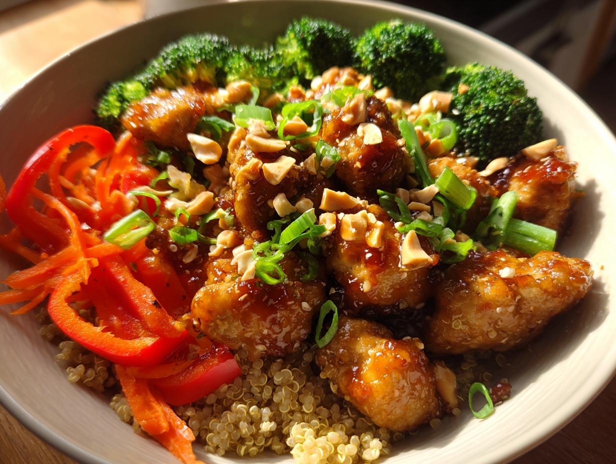 A close-up of a high-protein peanut chicken meal prep bowl featuring glazed chicken, quinoa, broccoli, and red peppers.