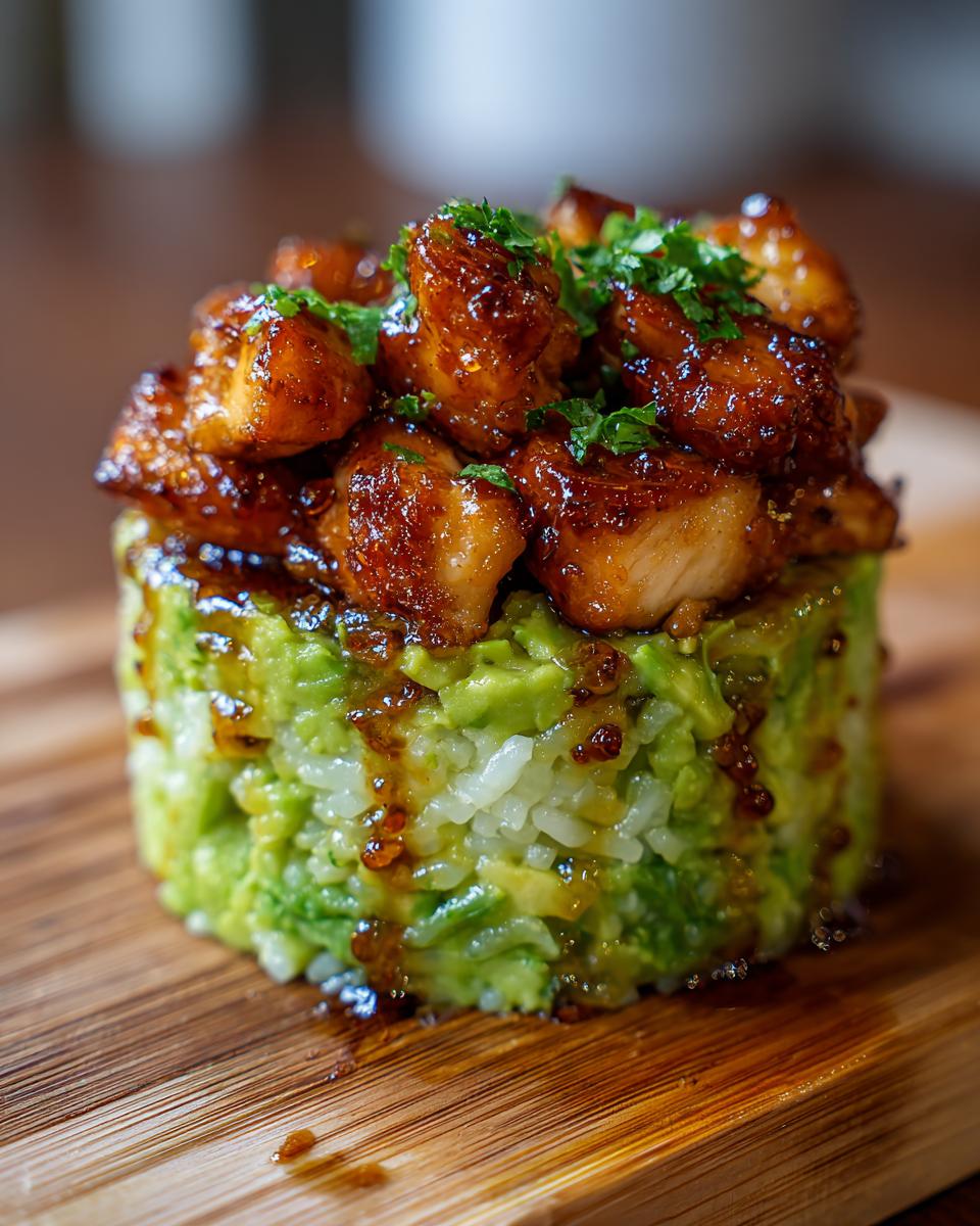 A perfectly stacked portion of honey lime chicken & avocado rice stack, topped with glazed chicken pieces and parsley.