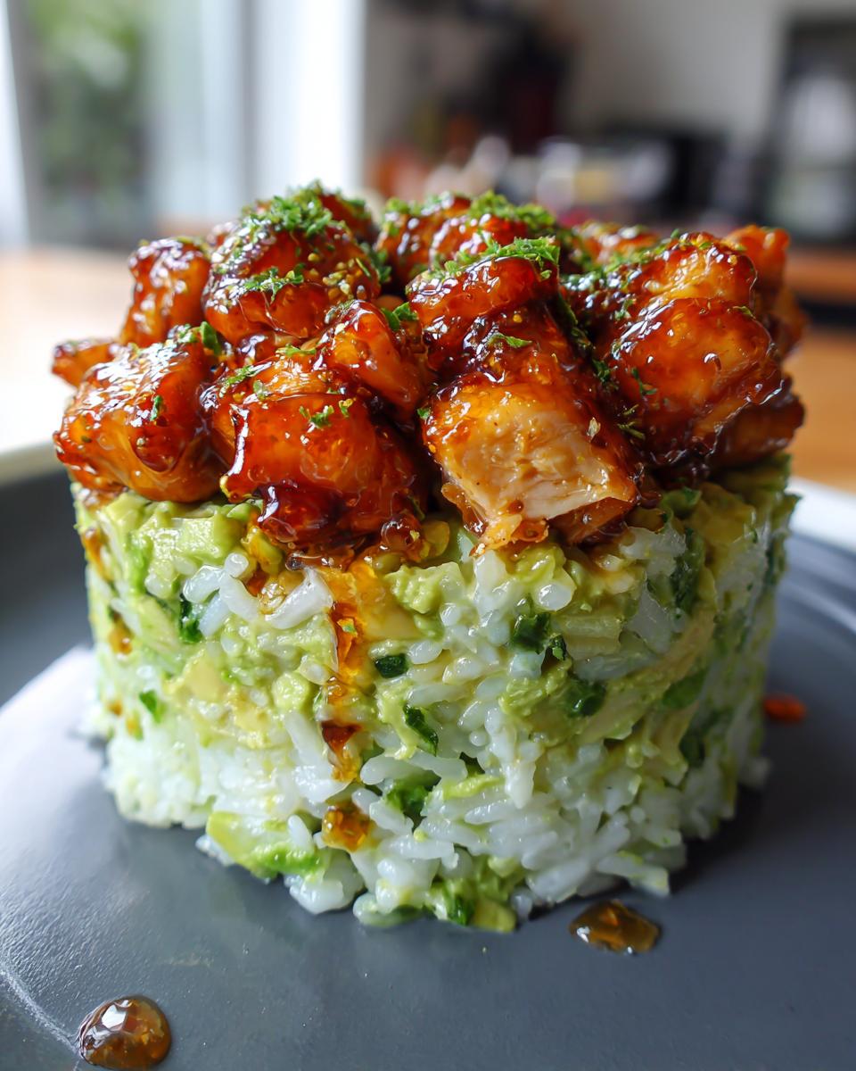 A beautifully plated tower of honey lime chicken & avocado rice stack, featuring glazed chicken pieces on top.