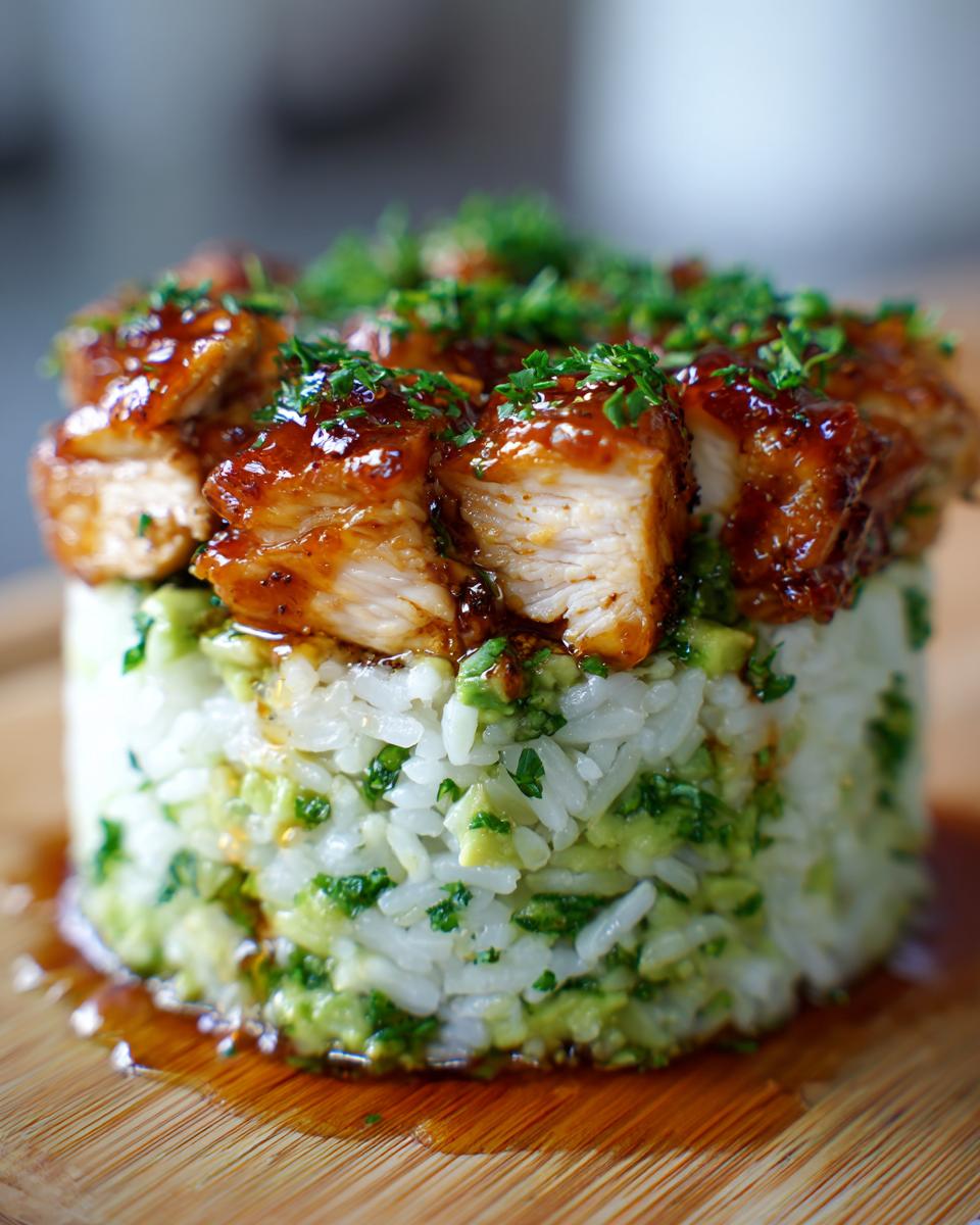 A perfectly molded stack of avocado rice topped with glazed honey lime chicken pieces and fresh parsley.