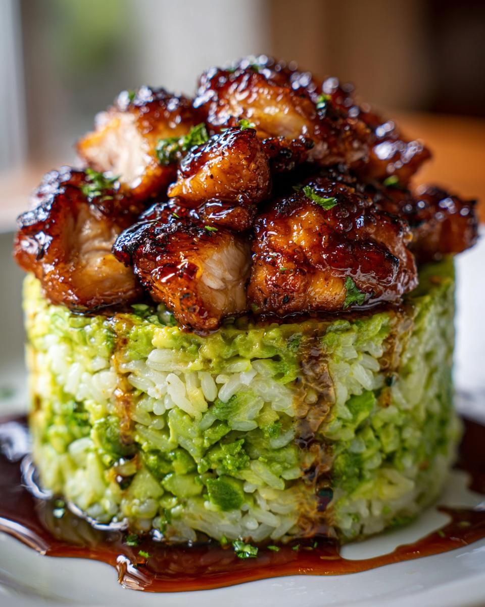 Close-up of a perfectly stacked honey lime chicken & avocado rice stack, drizzled with glaze.