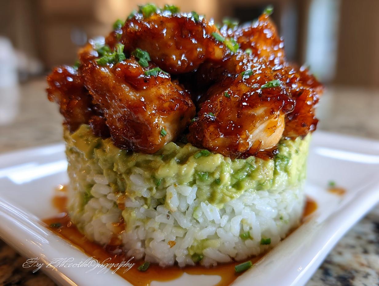 Close-up of a perfectly formed honey lime chicken & avocado rice stack topped with glazed chicken pieces.