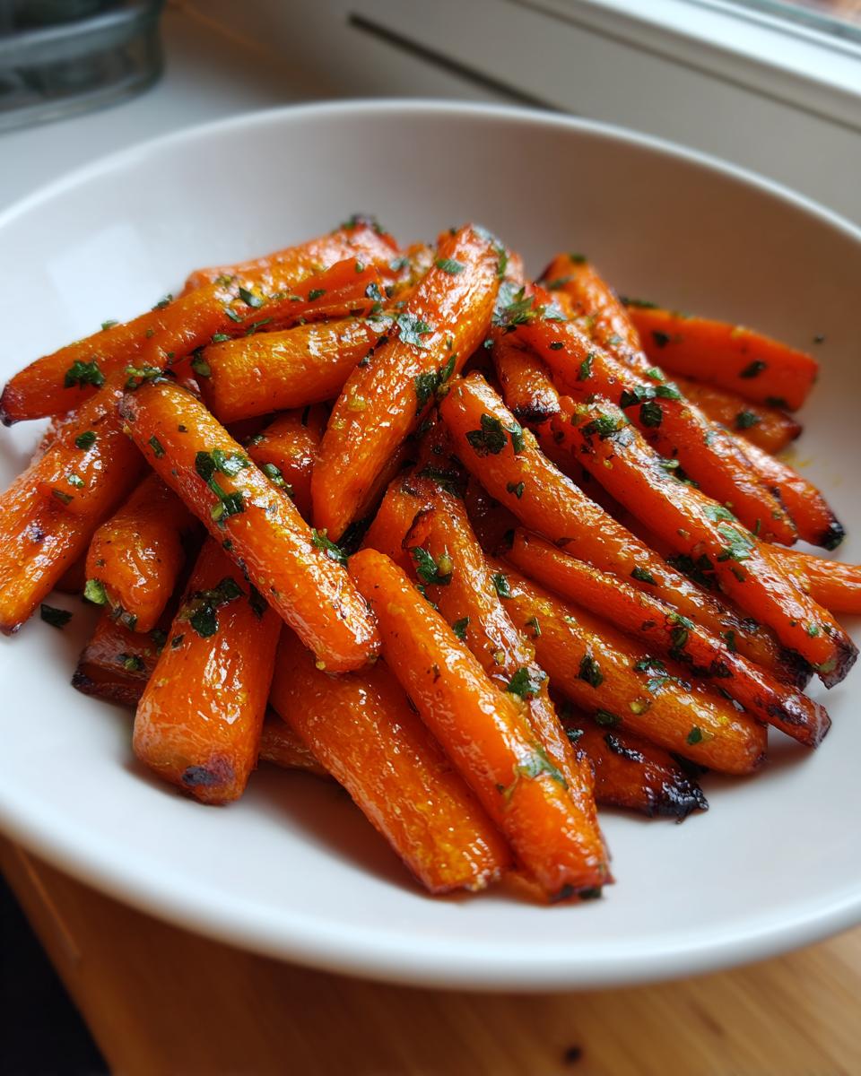 A white bowl filled with glistening, perfectly cooked honey roasted carrots sprinkled with fresh green herbs.
