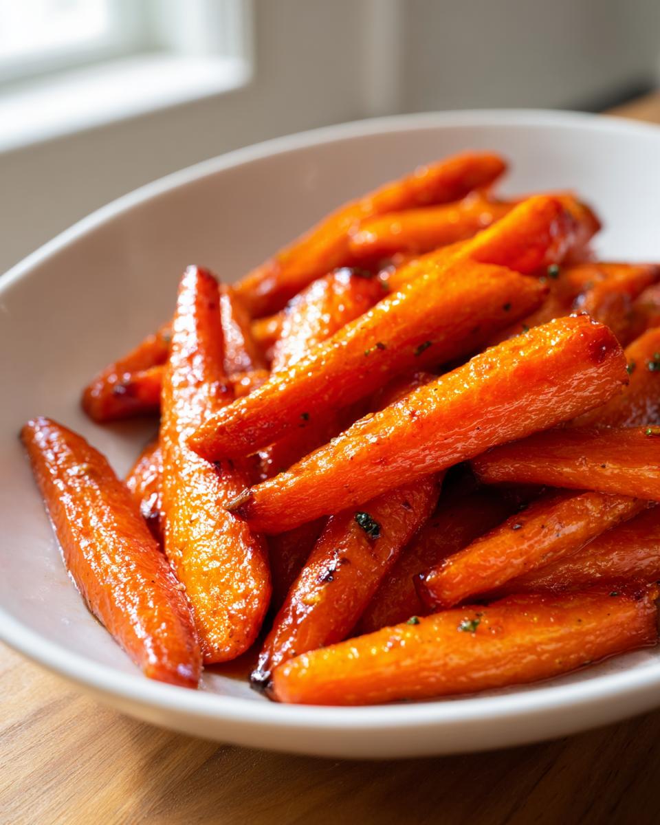 A close-up of perfectly glazed, bright orange honey roasted carrots piled high in a white serving bowl.