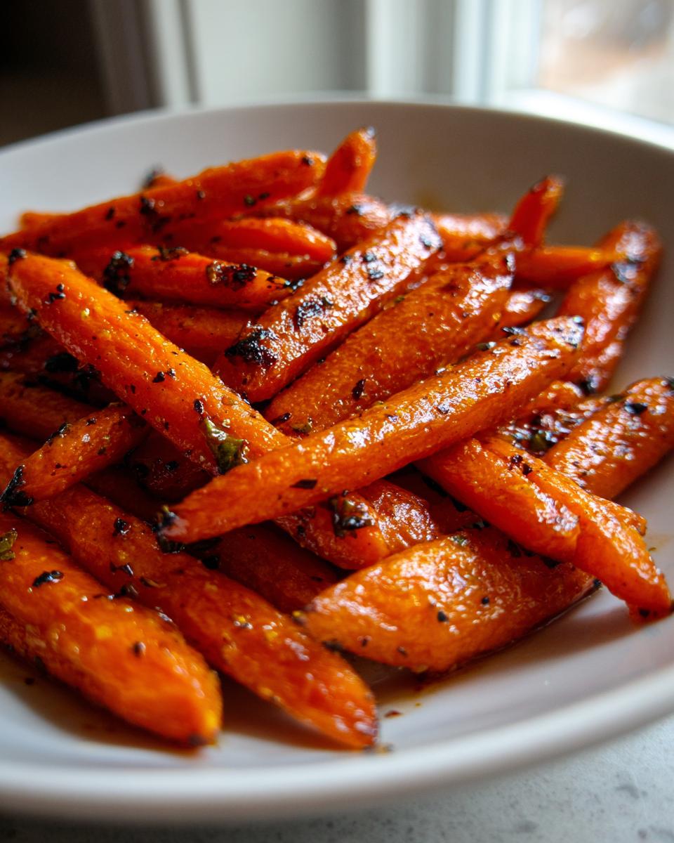Close-up of perfectly glazed and slightly charred honey roasted carrots piled in a white serving bowl.