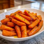 A close-up of perfectly glazed honey roasted carrots, sprinkled with herbs, served in a white bowl.