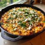 A close-up of hot, baked street corn dip topped with crumbled white cheese and fresh cilantro in a black cast iron skillet.