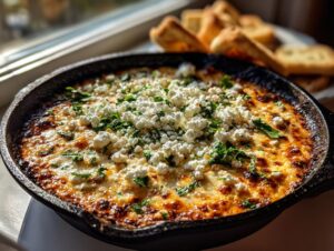Close-up of hot, cheesy street corn dip topped with crumbled white cheese and parsley in a cast iron skillet.