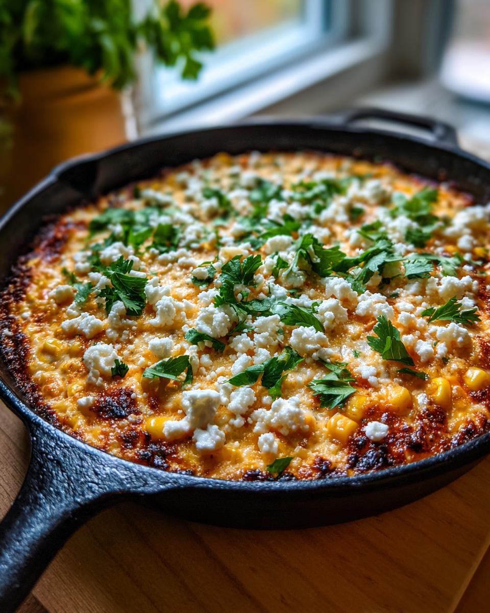Close-up of hot street corn dip baked in a cast iron skillet, topped with crumbled white cheese and fresh cilantro.