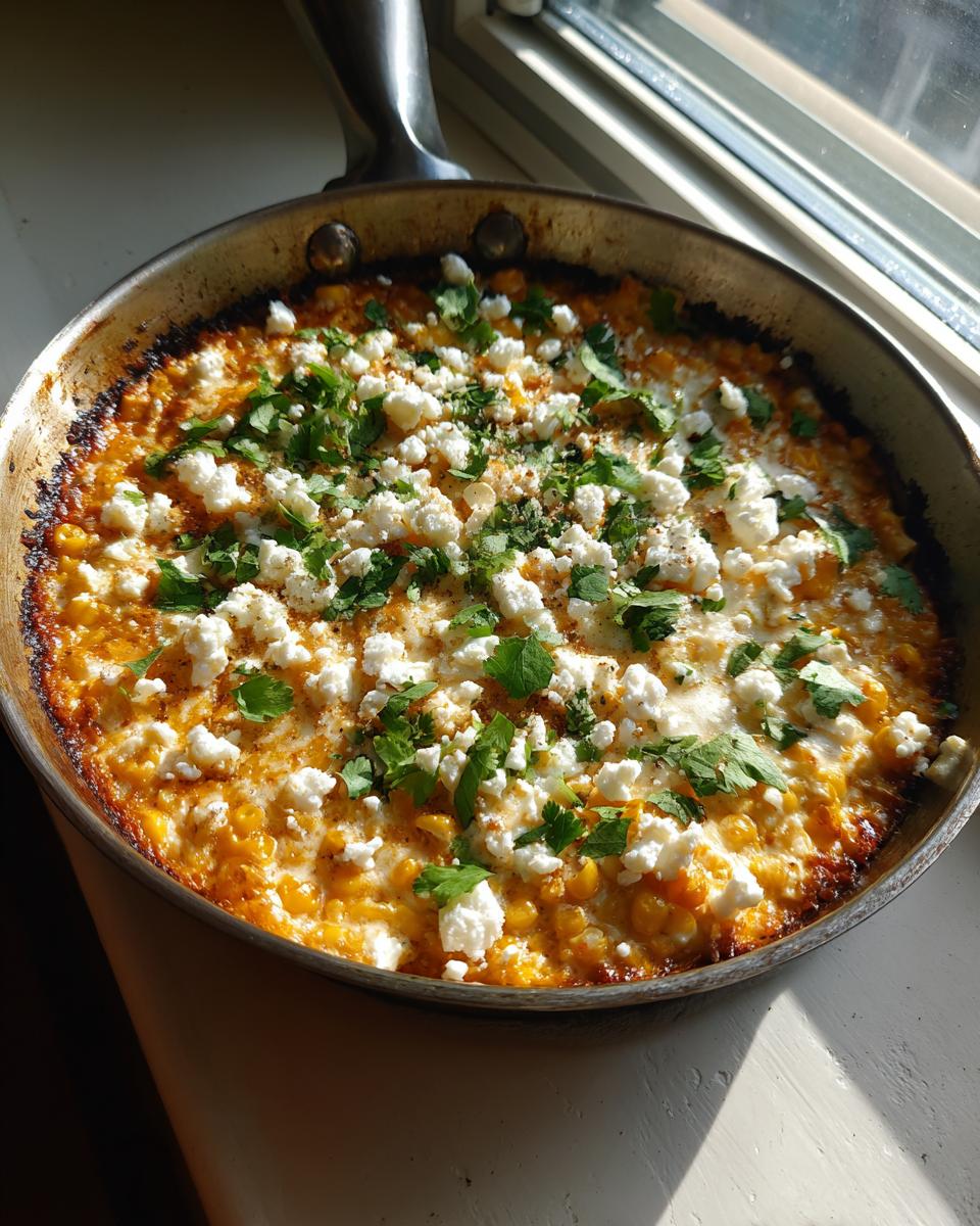 A freshly baked street corn dip bubbling in a skillet, topped with crumbled white cheese and fresh cilantro.