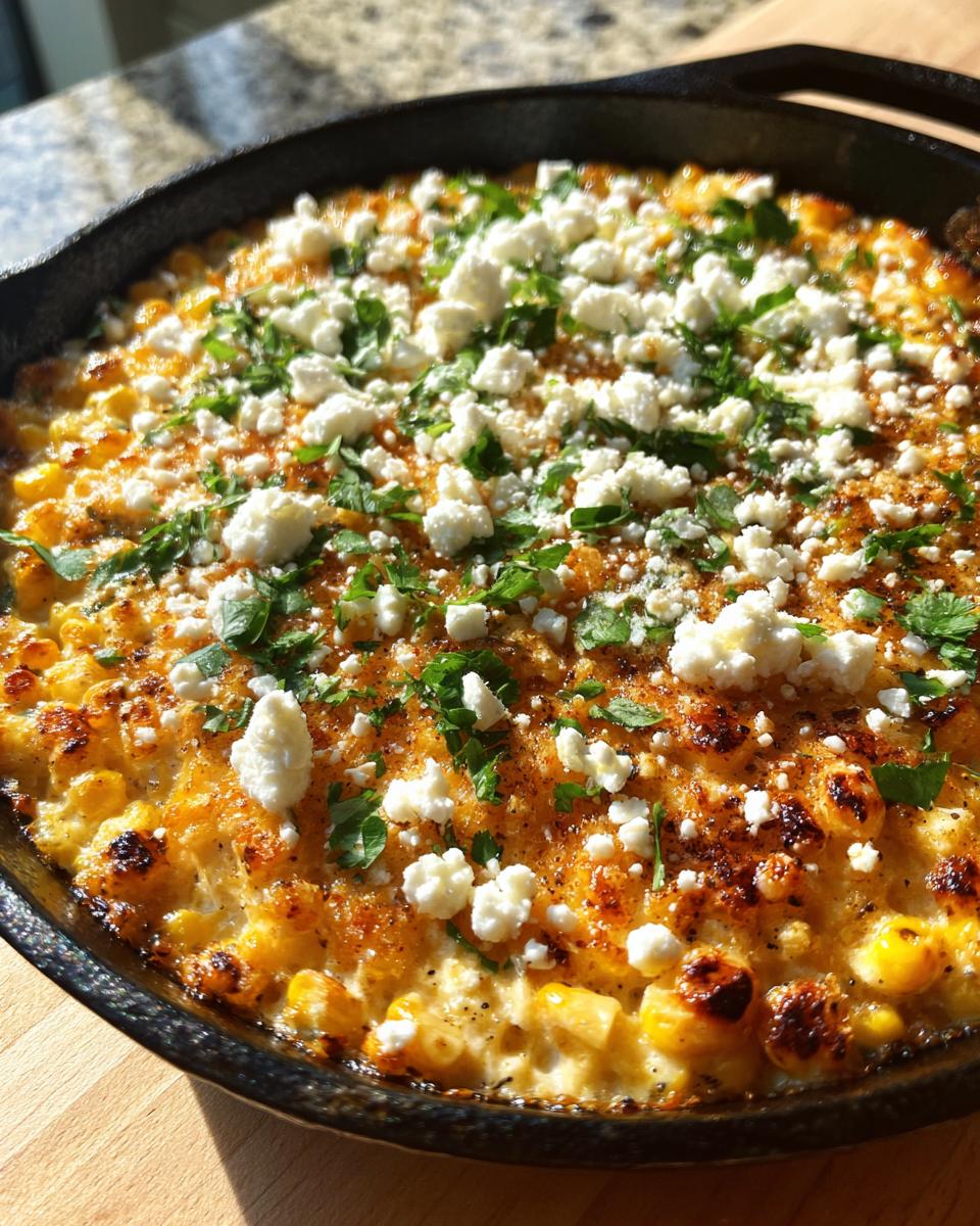 Close-up of hot street corn dip bubbling in a cast iron skillet, topped with crumbled white cheese and fresh cilantro.