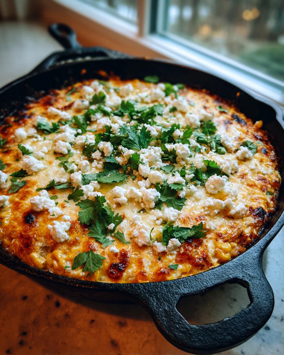 Close-up of hot street corn dip baked in a cast iron skillet, topped with cotija cheese and fresh cilantro.