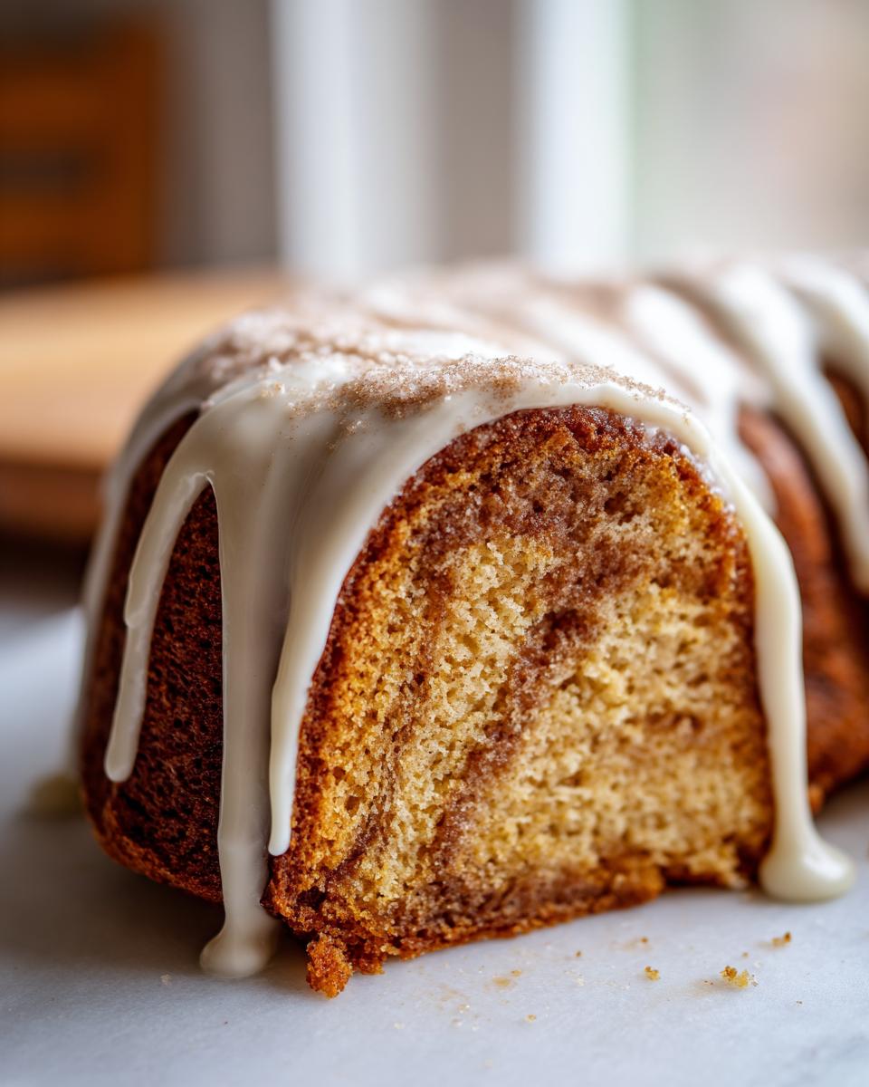 Close-up of a slice of moist sock-it-to-me cake with a thick vanilla glaze dripping down the side.