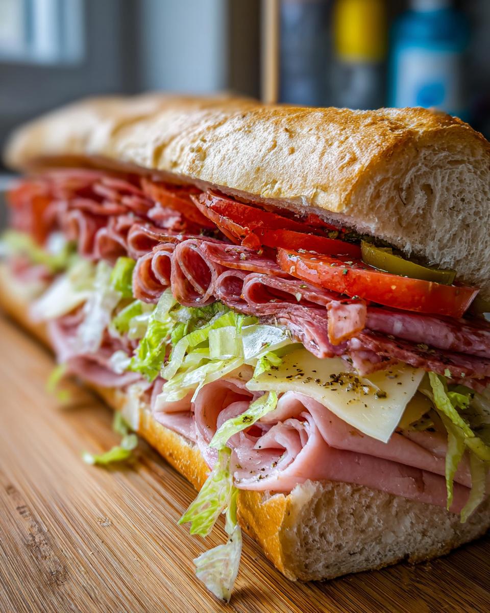 A close-up, cross-section view of a fully loaded italian grinder sub overflowing with deli meats, cheese, lettuce, and tomatoes on a baguette.
