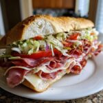 A close-up of a fully loaded italian grinder sub sandwich overflowing with deli meats, cheese, lettuce, and tomatoes on a crusty roll.