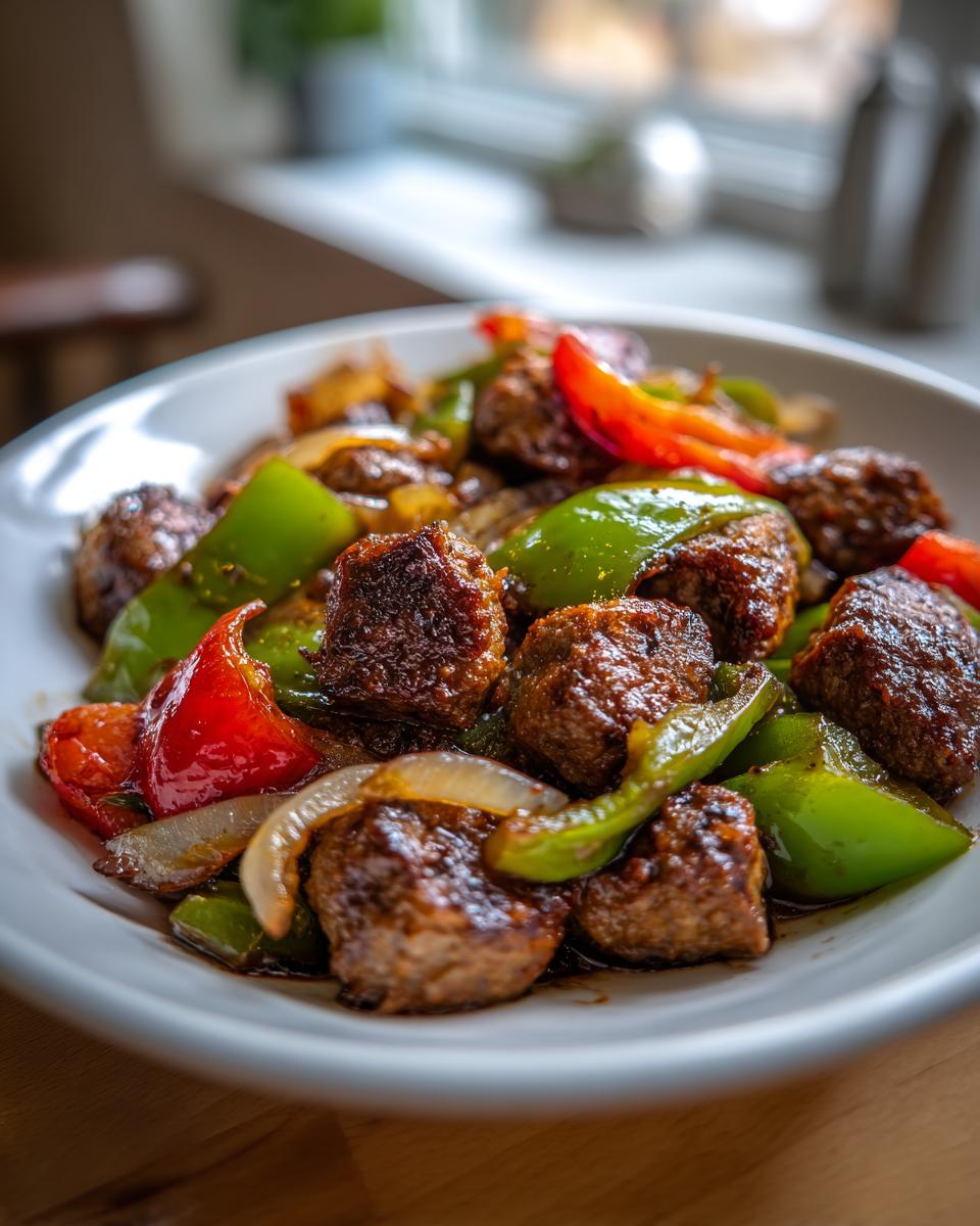 Close-up of browned Italian sausage and peppers mixed with caramelized onions served in a white bowl.