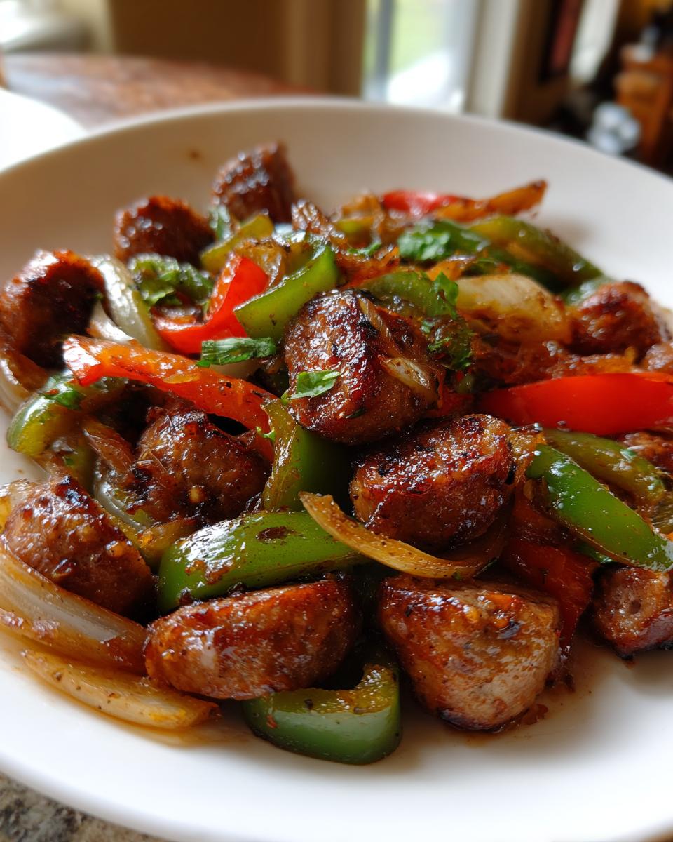 A close-up view of perfectly cooked italian sausage and peppers, mixed with caramelized onions, served in a white bowl.