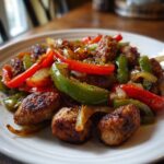 Close-up of browned italian sausage and peppers mixed with sautéed onions on a white plate.