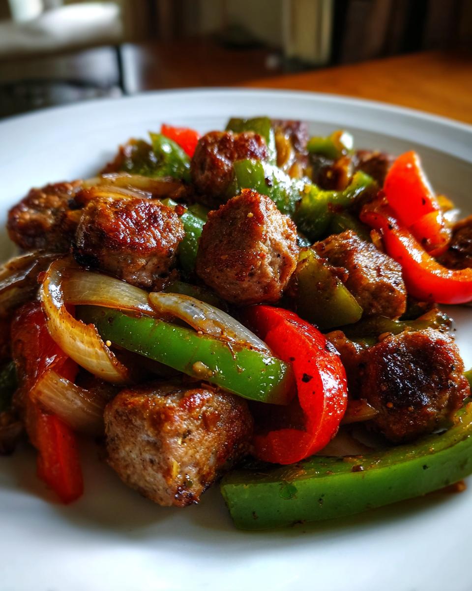Close-up of browned Italian sausage pieces mixed with sautéed red and green bell peppers and onions.