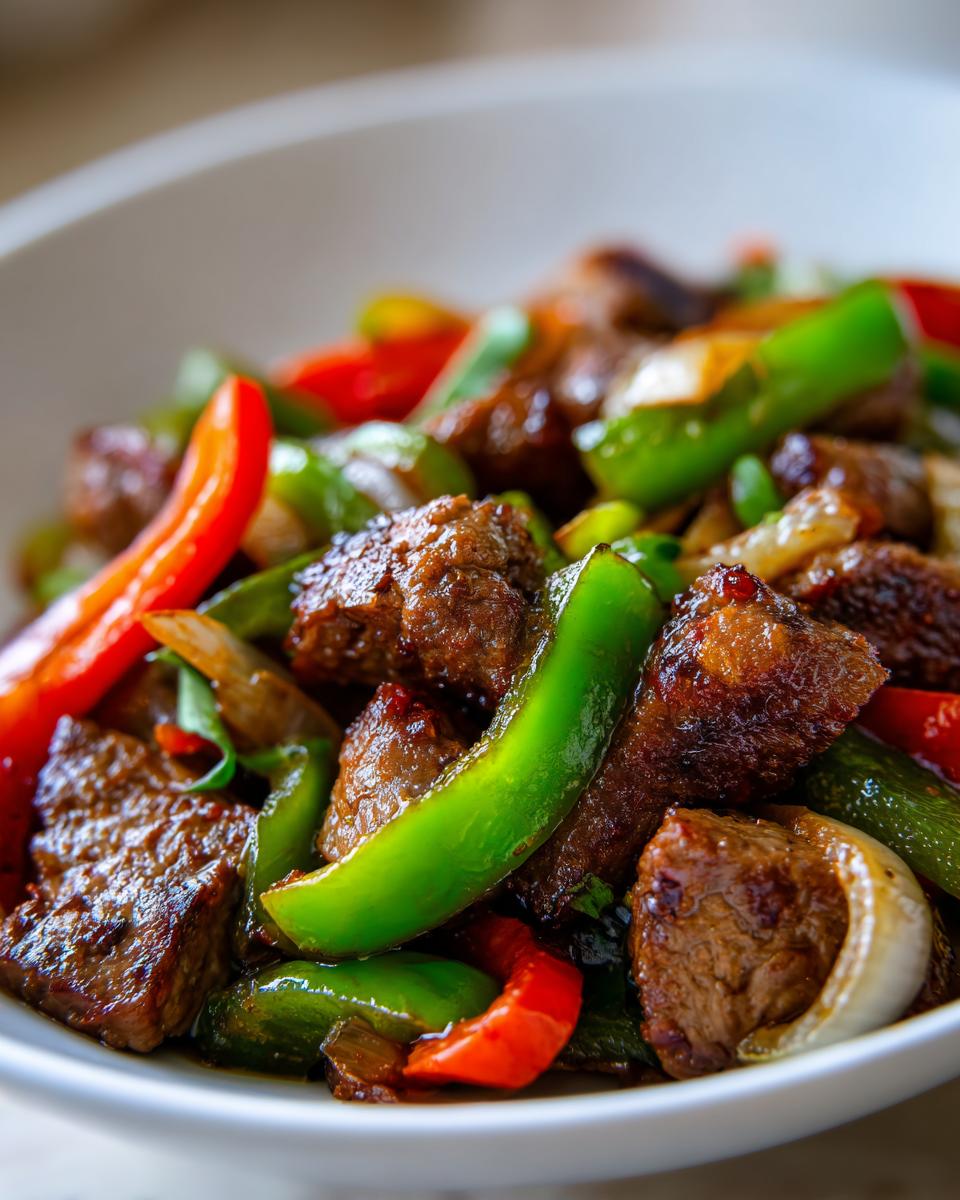 Close-up of seared chunks of Italian sausage mixed with vibrant green and red bell peppers and onions.