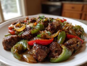 Close-up of a white plate filled with perfectly cooked italian sausage and peppers, onions, and herbs.