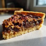 A close-up, side view of a rich slice of keto pecan pie showing the thick, gooey filling and pecan topping on a golden crust.