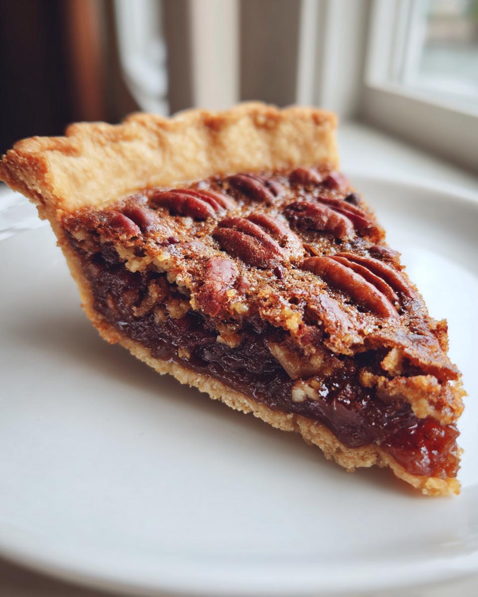 Close-up of a decadent slice of keto pecan pie showing the rich filling and whole pecans on top, set against a bright background.