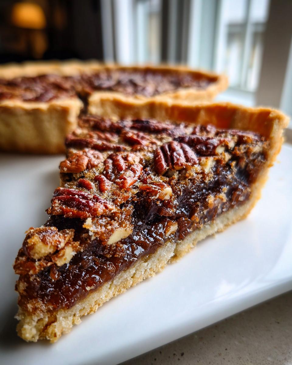 Close-up of a glistening slice of keto pecan pie showing the pecan topping and rich filling on a white plate.