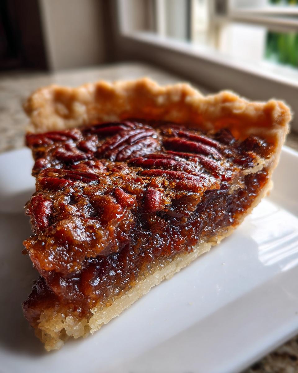 A close-up of a rich, gooey slice of keto pecan pie with a flaky crust, sitting on a white plate.
