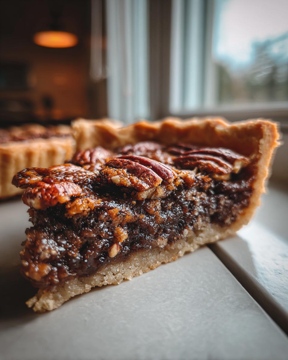 Close-up of a thick slice of keto pecan pie showing the gooey filling and pecan topping on a light surface.