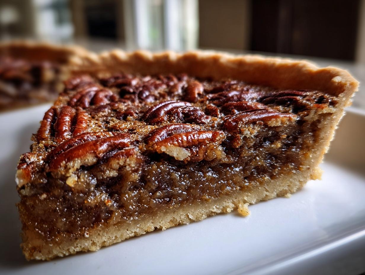 Close-up of a thick slice of keto pecan pie showing the gooey filling and pecan topping on a white plate.
