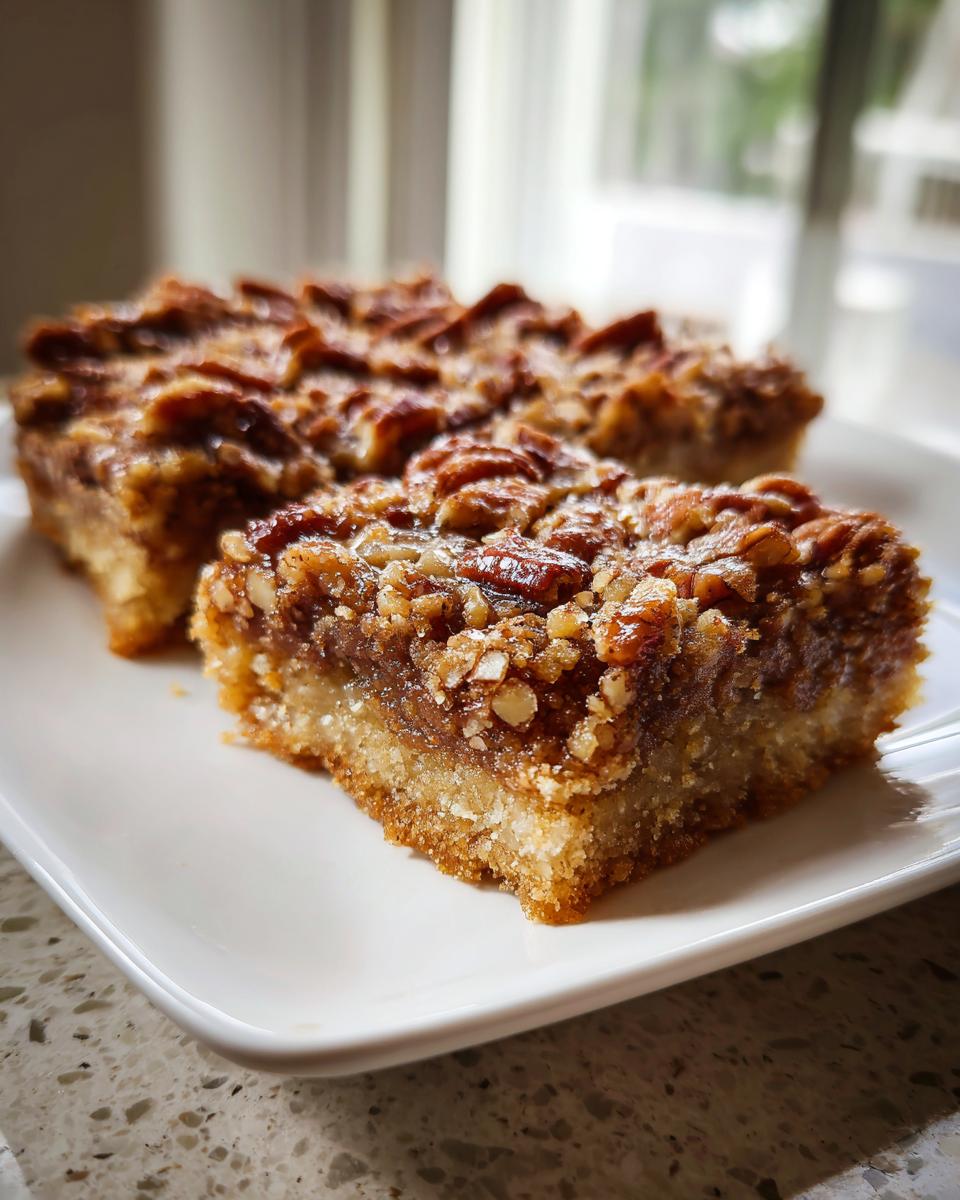 A close-up view of a rich, gooey keto pecan square recipe bar with a thick pecan topping resting on a white plate.