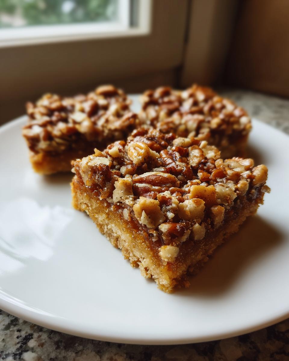 Close-up of three gooey keto pecan square recipe bars with a thick pecan topping on a white plate.