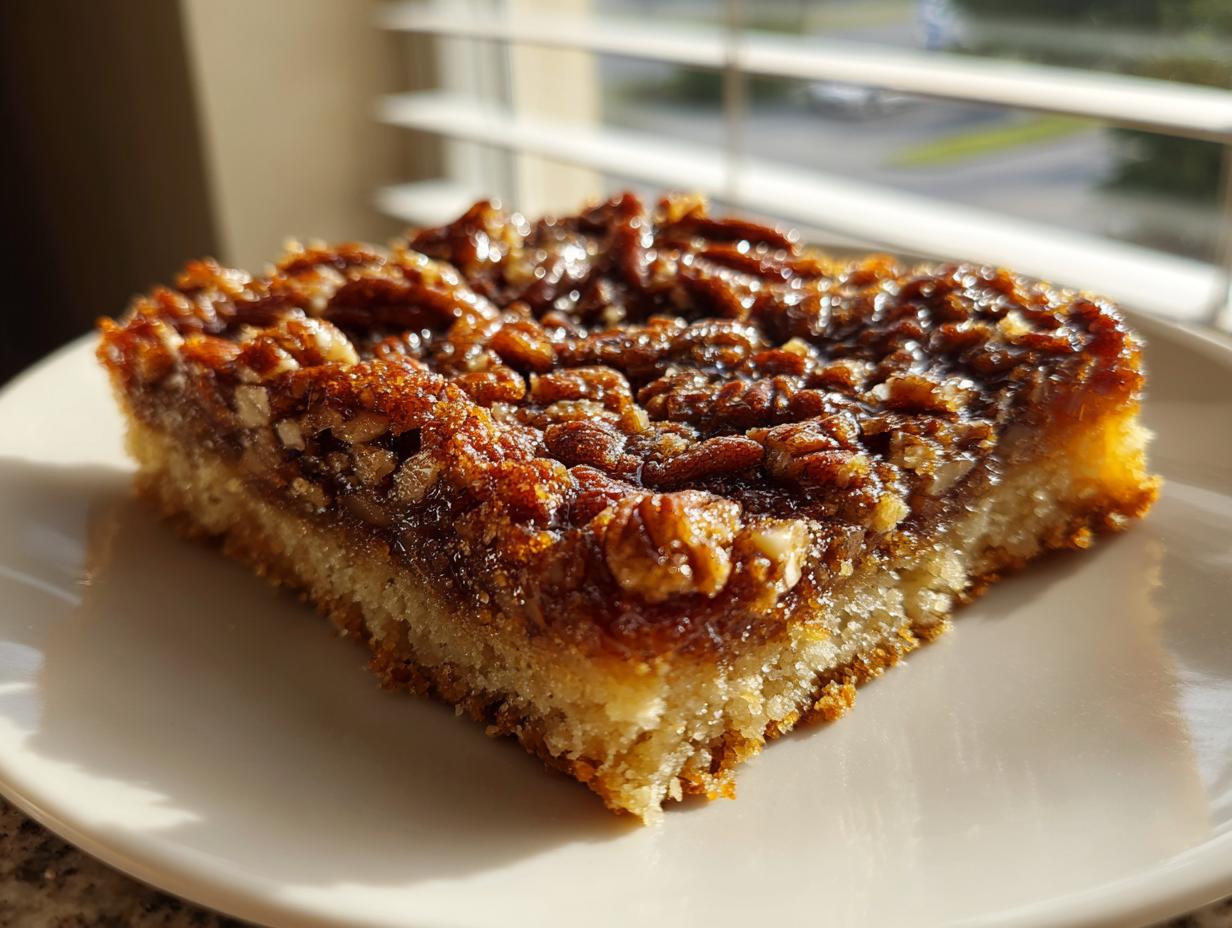 A single slice of a rich, gooey keto pecan square recipe resting on a white plate, backlit by sunlight.