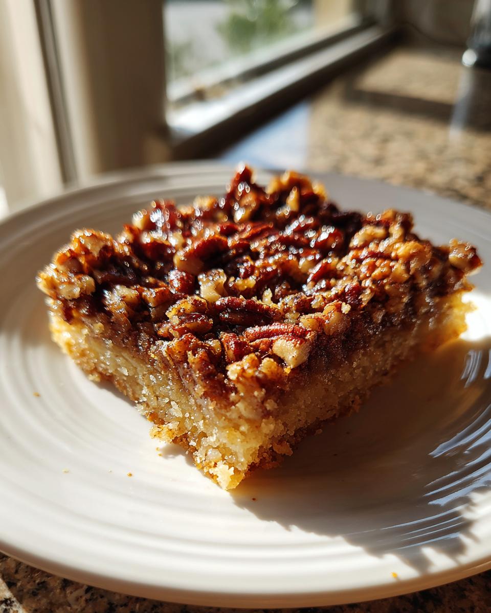 A close-up of a single serving of a rich keto pecan square recipe with a thick, gooey pecan topping on a white plate.