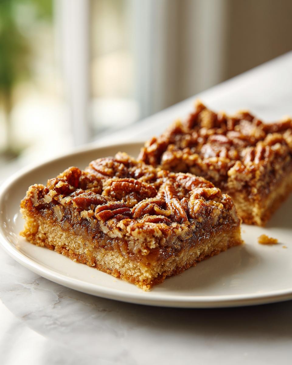 Two slices of a rich, gooey keto pecan square recipe with a thick pecan topping on a light plate.